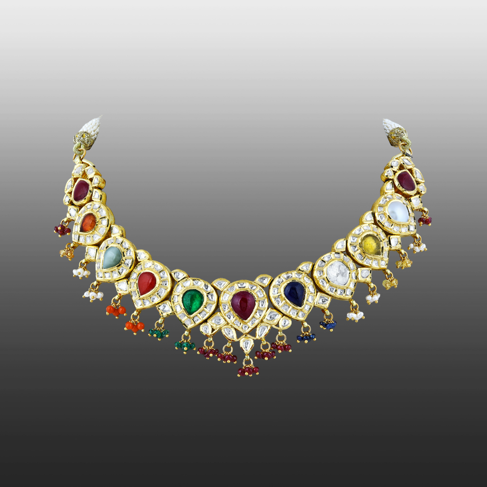 Navratna Necklace with Polki Diamonds, Pearls, and coloured Beads